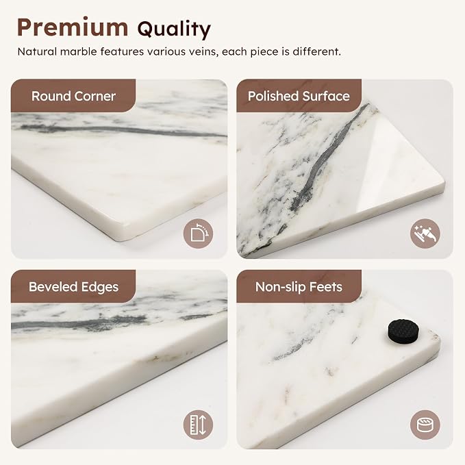 Diflart Natural Marble Stone Cutting Board for Kitchen, 16x20 Inch, Ink White, Marble Slab Pastry Board Large with Non-Slip Feet for Backing, Cheese, Chocolate, Pack of 1 Piece