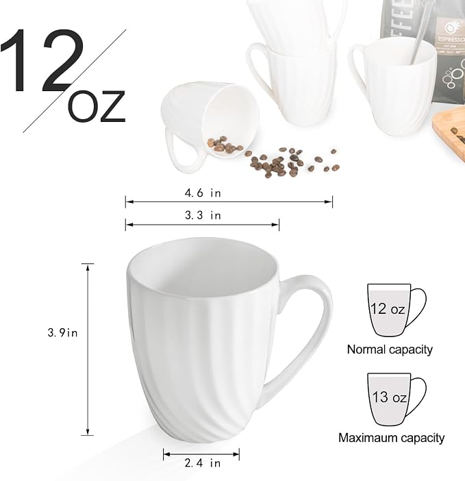 Fine Bone China White Coffee Mugs Set of 2 (12 oz), Ceramic Spiral Pattern Tea Cups, Thin China Coffee Cups, Lightweight Coffee Mugs for Hot Chocolate, Latte, Cappuccino