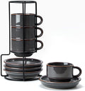 JIEMEI HOME Porcelain Stackable Cappuccino Cups with Saucers and Metal Stand, 7 Ounce Espresso Cups for Latte Coffee Cafe, Specialty Coffee Drinks, Cappuccino and Tea - Set of 4, Purple-Gray