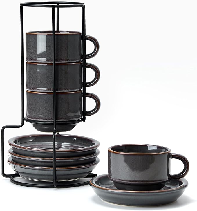 JIEMEI HOME Porcelain Stackable Cappuccino Cups with Saucers and Metal Stand, 7 Ounce Espresso Cups for Latte Coffee Cafe, Specialty Coffee Drinks, Cappuccino and Tea - Set of 4, Purple-Gray