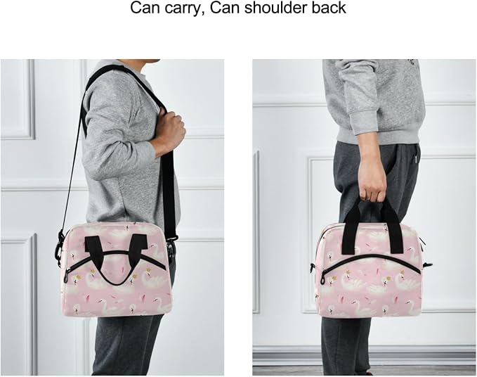 OREZI Lunch Bag for Girls Women,White Swans And Pink Feathers Lunch Box Container with Detachable Shoulder Strap,Insulated Lunch Coolers for School Office