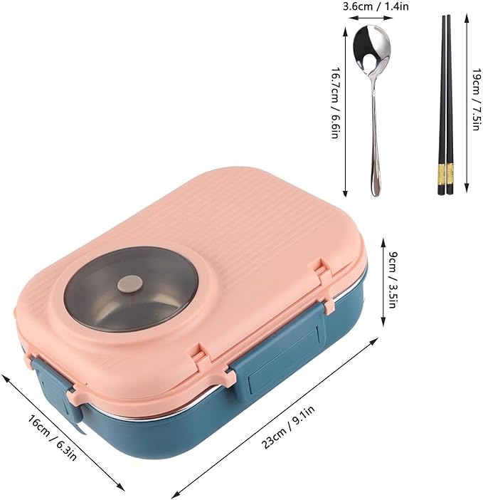 Tbest Thermal Lu Box For Hot Food Thermal Tazon,Lu Box Lu Box Thermal Lu Box 1100Ml Double Layer 3 Grid Design 304 Stainl Steel Box With Chopsticks Spoon Soup Bowl G (Pink)