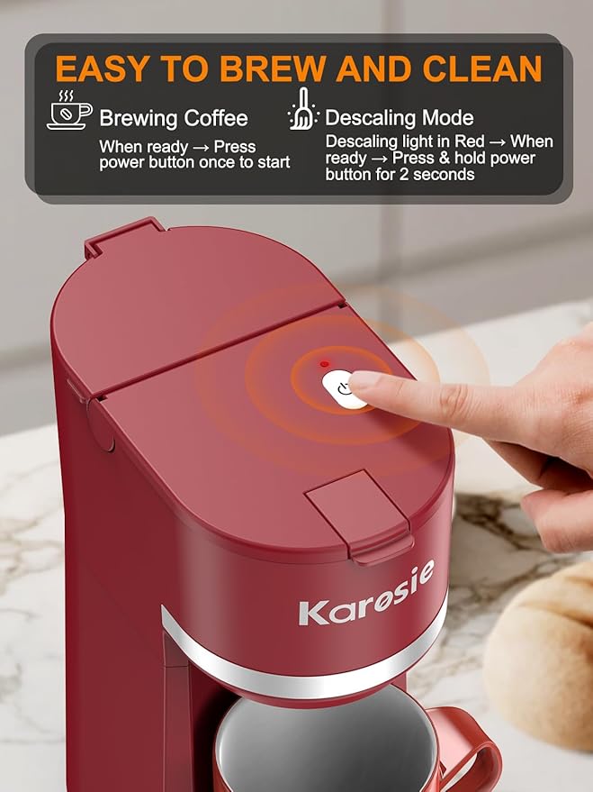 Single Serve Coffee Maker for K-Cup and Ground Coffee, Fast Brew, 6-12 oz Brew Sizes One Cup Coffee Machine Fits 5.5" Mugs, One-Button Small Coffee Maker with Descaling Reminder, Red