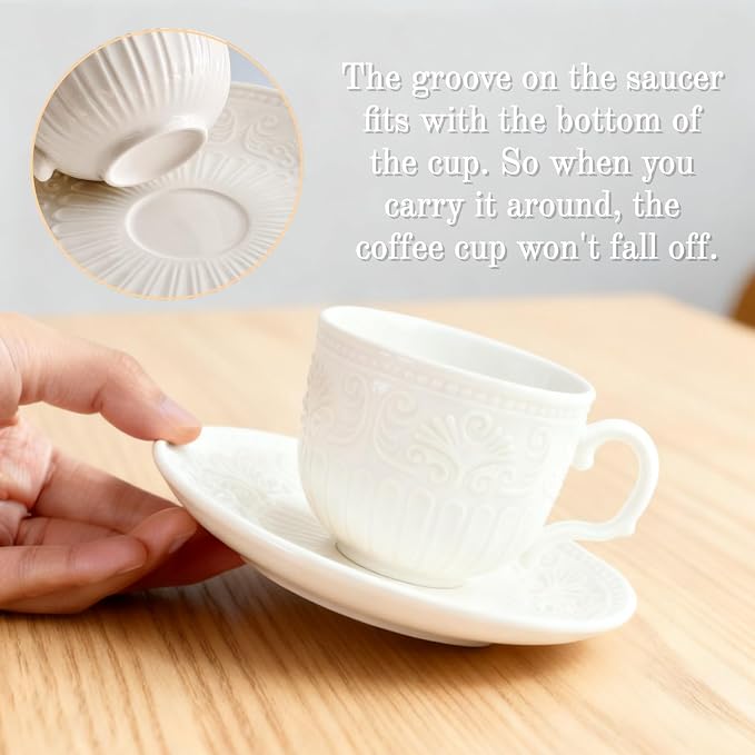 ZAVOOS Tea Cup and Saucer Set of 6, 6 Oz Small Vintage Porcelain Tea Cup with Spoon, Unique Embossed Floral Cappuccino Cups Sets for Latte, Cafe Mocha, Tea Party Decoration, Dishwasher Safe