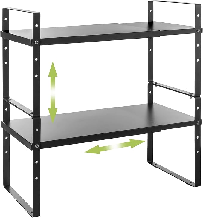 Across-Star Expandable Cabinet Shelf Organizer Rack, Stackable Kitchen Countertop Organizer Storage Shelves, Adjustable Height Pantry Counter Shelf Riser Spice Rack (Black, 2 Pack)