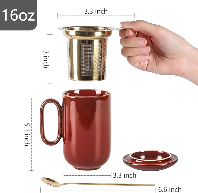 vicrays Ceramic Tea Mug Infuser - Large Cup 16 oz Hot Loose Steeping Handle Teacup with Leaf Infuser Spoon Lid - Tall Glazed Strainer Coffee Mug Microwave Safe - Cherry Red