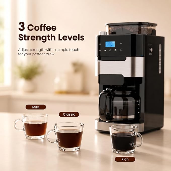 Kismile 10-Cup Digital Drip Coffee Maker with Built-In Grinder, Programmable, 24H Timer, Keep-Warm Function, Customizable Strength & Grind Size, Coffee Machines with Smart LED Touchscreen