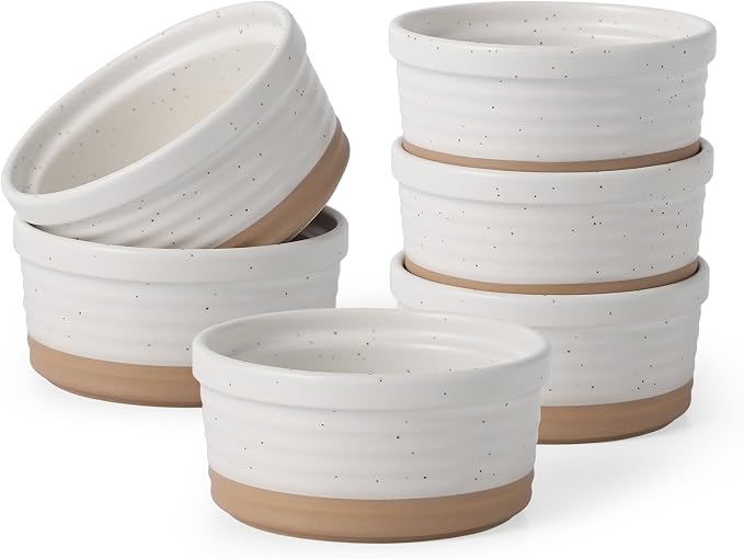 Frewinky Ceramic Ramekins 10 oz Set of 6 for Creme Brulee and Souffle Cups | 10 oz ceramic ramekins for creme brulee, souffle, lava cakes and baked desserts, with an oven-safe, stackable design.
