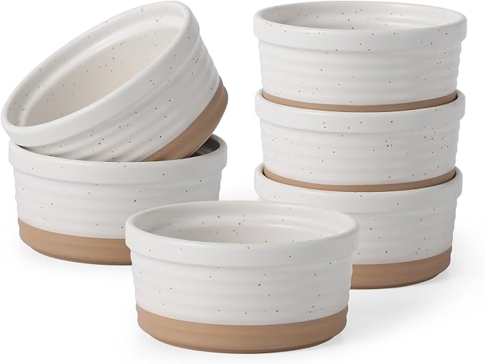 Frewinky Ceramic Ramekins 8 oz Set of 6 for Creme Brulee and Custard Cups | 8 oz ceramic ramekins for creme brulee, custard, pudding and individual desserts, with an oven-safe, stackable design.