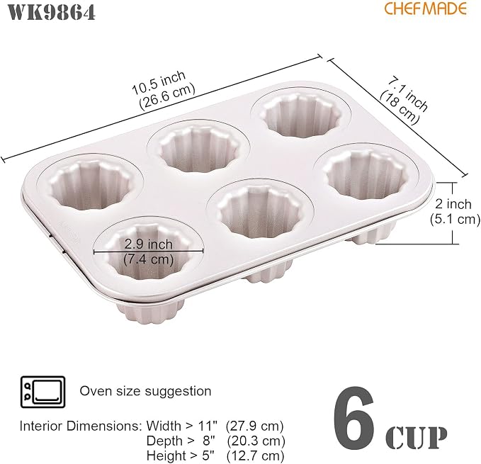 CHEFMADE Canele Mold Cake Pan, 6-Cavity Non-Stick Canele Muffin Bakeware Cupcake Pan for Oven Baking (Champagne Gold)