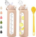 chunmo 32 oz Glass Water Bottles with 2 Lids-Handle Spout Lid & Straw Lid, 1 Liter Motivational Borosilicate Water Bottle with Time Marker and Silicone Sleeve,Leakproof-Amber-1 Pack