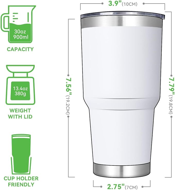 DOMICARE 30oz Tumbler Bulk with Lid and Straw, Double Wall Travel Coffee Mug, Insulated Vacuum Stainless Steel Tumblers, Powder Coated Tumbler Cup (White, 8)