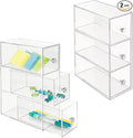 mDesign Plastic Stackable Desktop Organizer Tower Storage Station with 3 Drawers for Home Office - Holds Pens, Sticky Notes, Binder Clips, Notepads, or Gel Pens - Lumiere Collection - 2 Pack - Clear