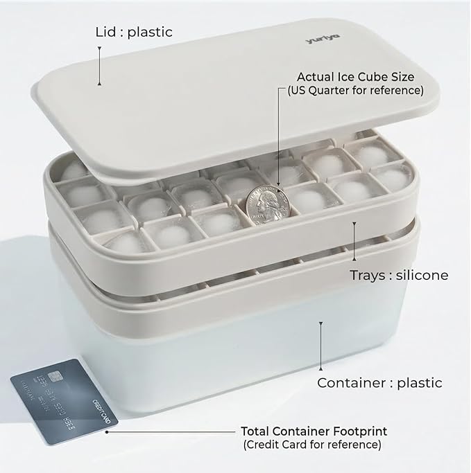 Ice Cube Tray Set with Lid & Bin, 2 Silicone Trays (32-Cube Each, 64 Total), Easy-Release, Stackable, Leak-Proof, Dishwasher Safe, Sand Beige
