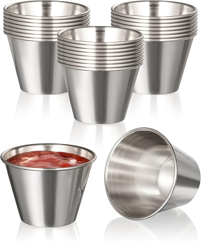 Fit Meal Prep [24 Pack 2.5 oz Stainless Steel Dipping Sauce Cups, Reusable Metal Ramekins, Commercial Grade Condiment Bowls, Individual Portion Cups, Small Round Au Jus Cup for Home, Restaurant