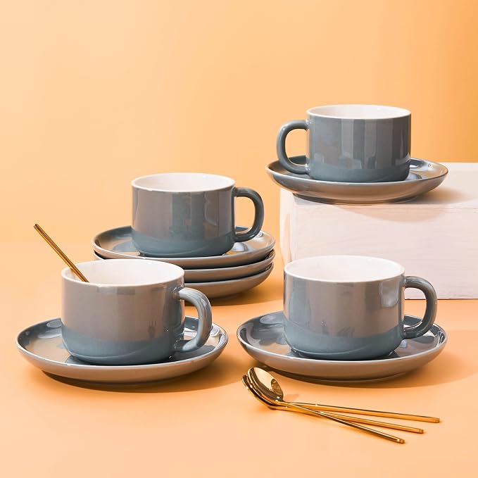 8oz Cappuccino Cups Set of 4, Tea Cups with Saucers and Spoons, Gray Ceramic Tea Cups Set Coffee Mugs for Tea Cappuccino Espresso Latte Mocha Au Lait Macchiato Cafe