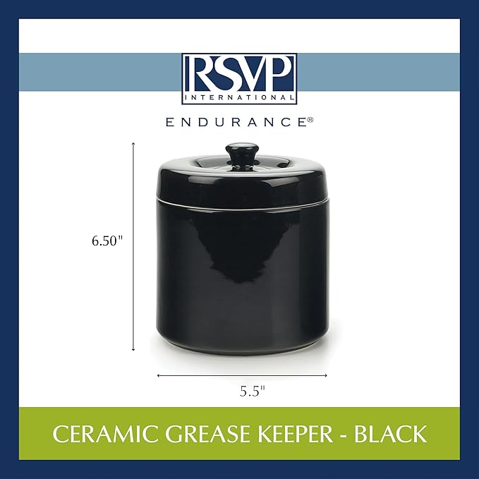 RSVP International Stoneware Grease Keeper with Lid & Stainless Steel Mesh Strainer, 6 Cup Capacity, Black