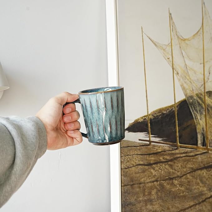 Bosmarlin Ceramic Coffee Mug Set of 4, 15 Oz, Coffee Cups with Big Handle, Microwave Safe, Unique Reactive Glaze (Teal, 15 Oz)