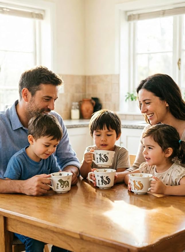 12OZ Stackable Coffee Mugs,Vintage Ceramic Coffee Mugs With Animal patterns for Man,Woman,Dad,Mom, Modern Coffee Mugs Set of 4 for Latte,Cappuccino,Cocoa. Dishwasher&Microwave Safe