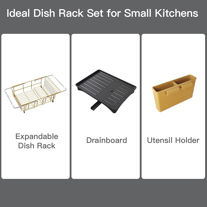 MAJALiS Gold Dish Drying Rack Over Sink with Utensil Holder, Drainboard | Expandable Stainless Steel Dish Drainer for Small Kitchen, Apartment, RV, Counter Space Saving, Perfect Fit, Rustproof