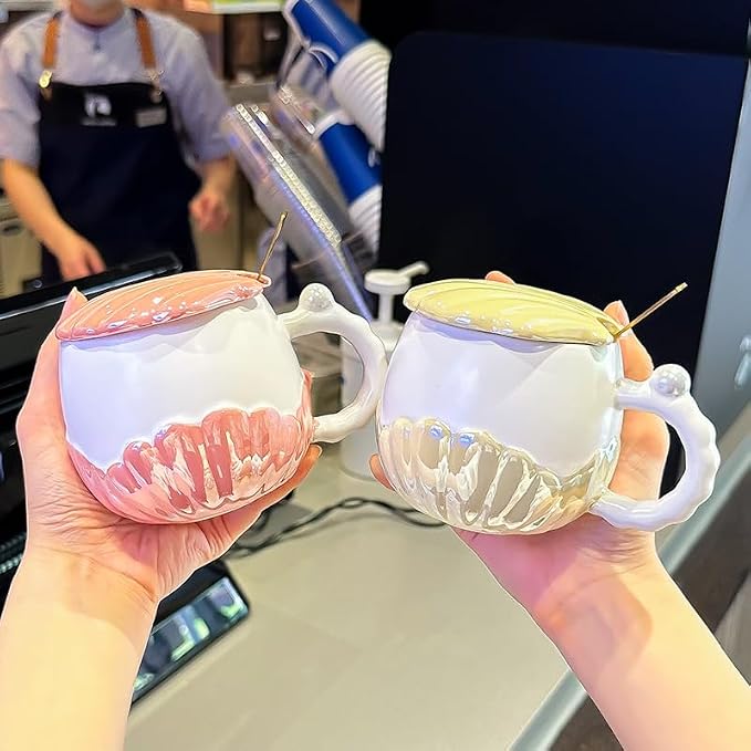 Pearl Ceramic Coffee Mug for Tea Latte Milk Cute Love Shape Cup for Home Office Women Gift 6.5 oz (Shell Round Yellow, 350 ml)