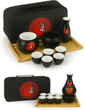Japanese Sake Cup Set with 6 Ceramic Cups, 1 Ceramic Sake Bottle, 1 Ceramic Sake Warmer, Bamboo Tray, and Cloth Carrying Case - Perfect Hot Sake Set for Authentic Japanese Experience (Black/White)