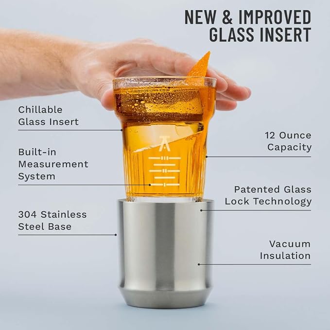 Elevated Craft Hybrid Rocks Glass Premium Vacuum Insulated Steel Base with Removable Insert - 12oz Cocktail Glass, Double Old Fashioned Lowball for Margaritas, Bourbon, Whiskey - Steel