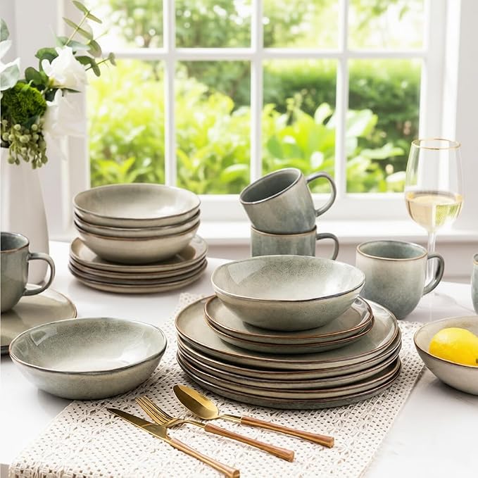 AmorArc Ceramic Dinnerware Sets,Handmade Reactive Glaze Stoneware Plates and Bowls Sets,Highly Scratch Resistant | Dishwasher & Microwave Safe Dishes Set,Service for 4 (12pc)