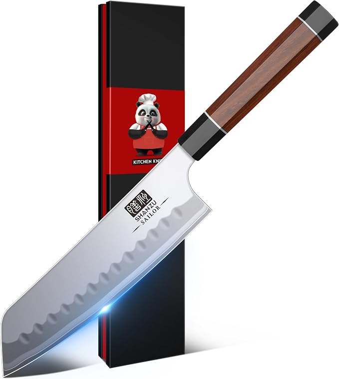 SHAN ZU 7 Inch Japanese Chef Knife, 9 Layers 10Cr15MoV High Carbon Steel Professional Kitchen Knife, Sharp Cooking Knife with Ergonomic Red Sandalwood Handle, Meat Cutting Sashimi Santoku Knife