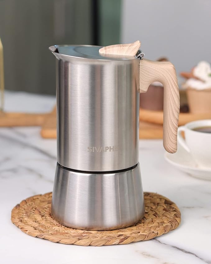 Sivaphe Moka Pot Stainless Steel 4 Cup and French Press Coffee/Tea Maker 12 oz with Bamboo Lid and Hand High Borosilicate Glass 1000ml Coffee Brewer Set
