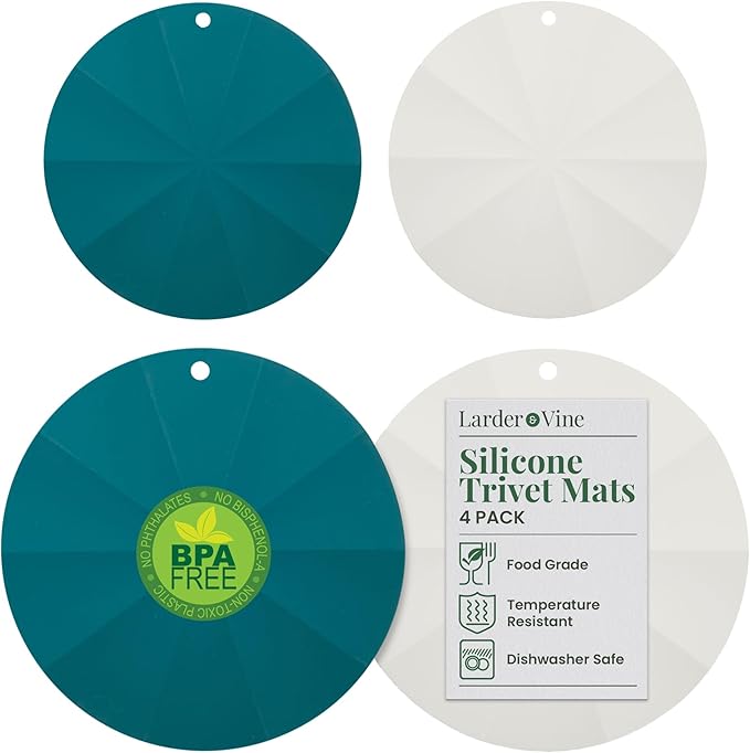 Larder & Vine Silicone Trivets for Hot Pots and Pans | Set of 4 Round Hot Pads for Kitchen | 7” & 9” Trivets for Hot Dishes | Heat-Resistant Silicone Mats for Kitchen Counter | Bondi/French Gray