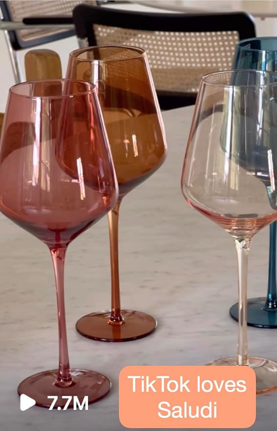 Saludi Colored Wine Glasses, 16.5oz (Set of 6) Stemmed Multi-Color Glass - Great for all Wine Types and Occasions - Luxury, Durable, Hand-Blown