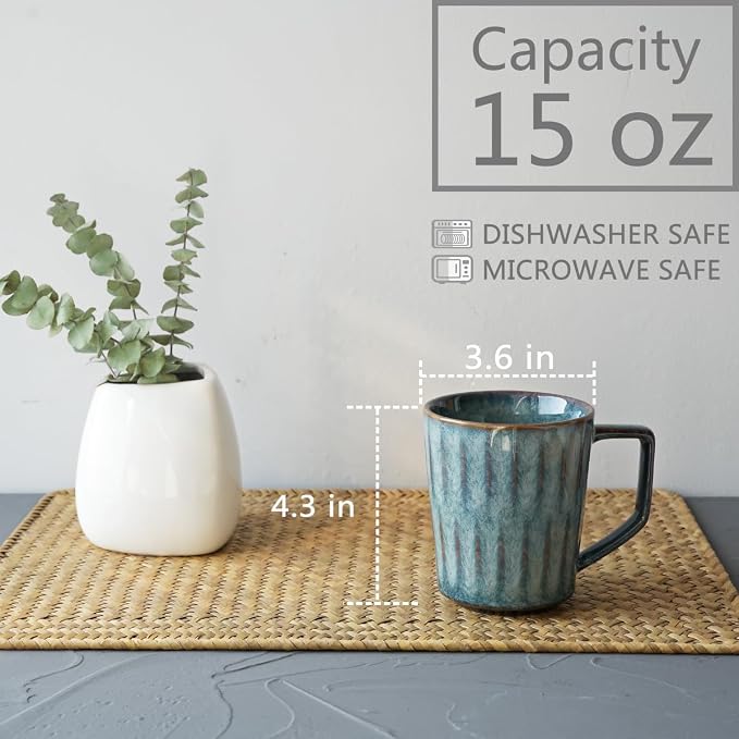 Bosmarlin Ceramic Coffee Mug Set of 4, 15 Oz, Coffee Cups with Big Handle, Microwave Safe, Unique Reactive Glaze (Teal, 15 Oz)