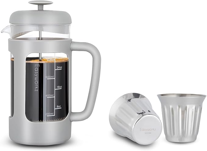 Easyworkz French Press 34 oz Coffee Tea Maker Bundled with Stainless Steel Double-Wall Espresso Cups