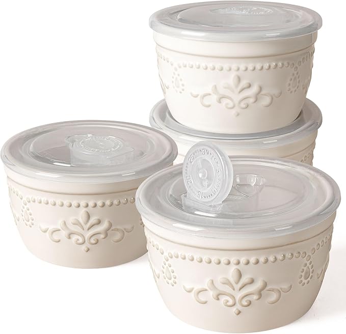 Artena Ramekins with Lids, Creme Brulee Ramekins Oven Safe, Ceramic Pudding Cups, Souffle Cups, Custard Cups, Dipping Sauce Cups, Food Storage Containers with Lids, Set of 4 (8 oz, Damask Floral)