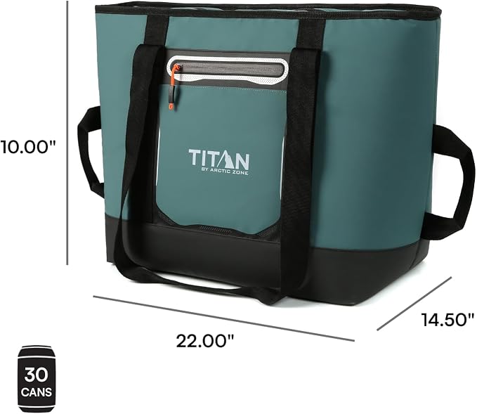 Titan by Arctic Zone Soft Sided Cooler Tote, Insulated Bag with Handle, Shoulder Strap, and Zipper for Lunch, Picnic, and Travel, 30 Can Capacity