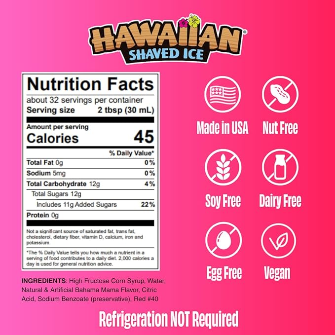 Hawaiian Shaved Ice Bahama Mama Syrup - Nut Soy Dairy Free - Flavor Fluffy & Crunchy Snow Cones - Shelf Stable - Makes 8 Servings - 16 ounces