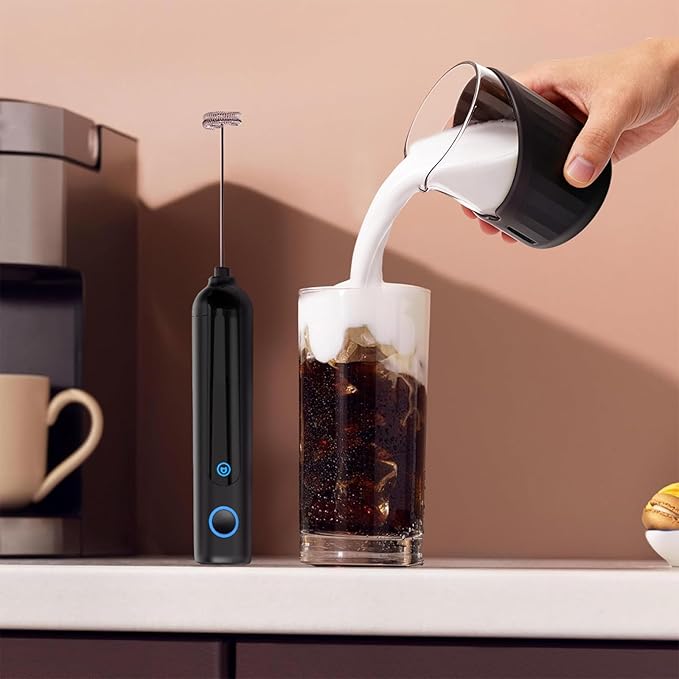 Black Handheld Milk Frother Wand for Coffee, Rechargeable Electric Whisk, Mini Milk Foamer for Latte, Cappuccino, Coffee, Hot Chocolate, Matcha