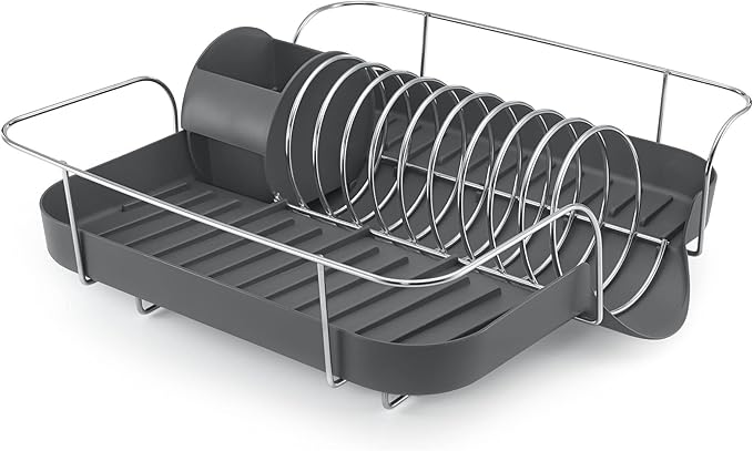 Polder Spring Dish Rack Holds Up to 9 Plates and Includes Removable, Stand-Alone Utensil Bin (Gray)