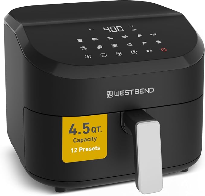 West Bend Digital Air Fryer 4.5 Qt Compact with 12 Presets, Adjustable Temperature for Quick Crispy Meals, Nonstick Easy Clean Basket and Shake Reminder, 1500W, in Black/Silver