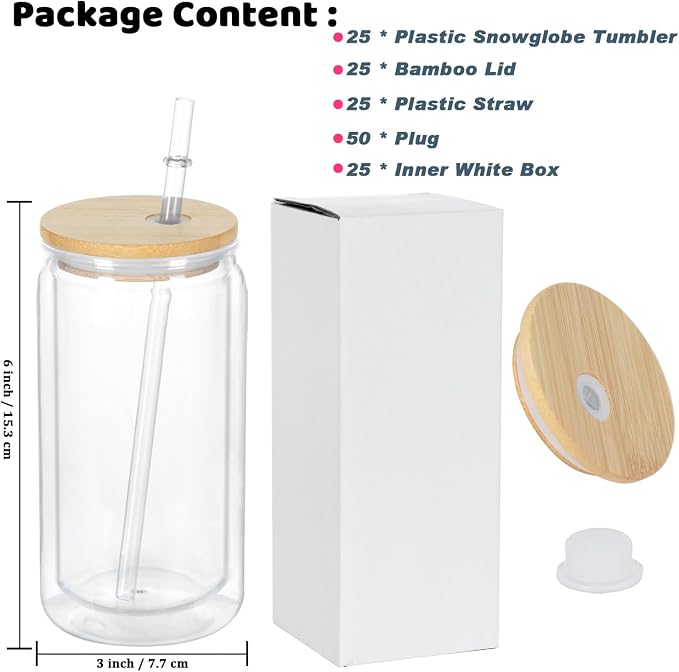 16 Oz Acrylic Snowglobe Tumbler, 25 Pack Pre-Drilled Double Wall Plastic Clear Cup for Glitter Snow Globe Diy, Double Wall Plastic Snowglobe Cup with Bamboo Lid