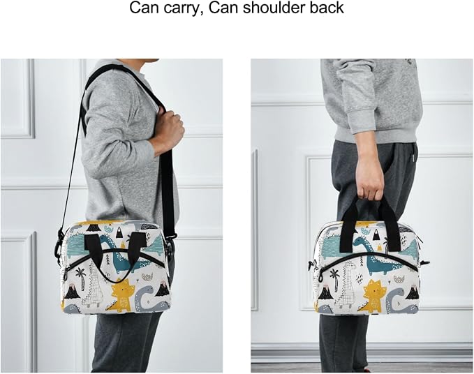 OREZI Dino Scandinavian Style Lunch Bag for Boys Girls,Dinosaur Children Reusable Lunch Bags Lunch Box Container with Detachable Shoulder Strap,Insulated Lunch Coolers for School Work