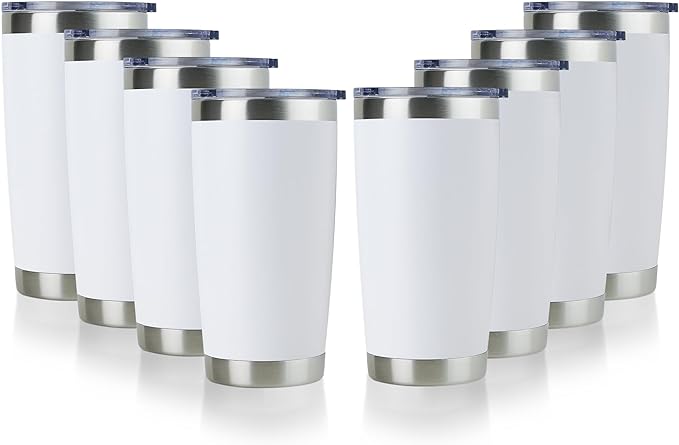 DOMICARE 20oz Stainless Steel Tumbler Bulk with Lid, Double Wall Vacuum Insulated Travel Mug, Powder Coated Coffee Cup, Powder White, 8 Pack