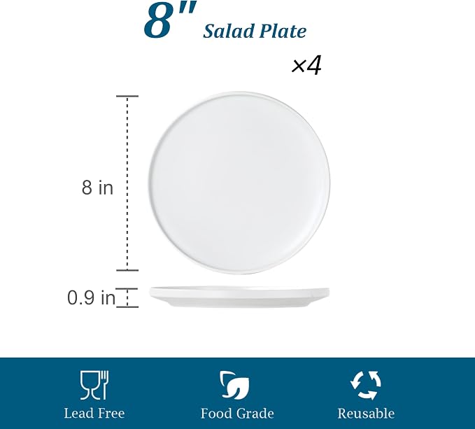 Ceramic Salad & Dessert Plates Set, 8 Inch, Set of 4, Modern White | Stoneware, Dishwasher & Microwave Safe, Small Dinner Plates, For Cake, Fruits, Waffle, Pasta, Salad