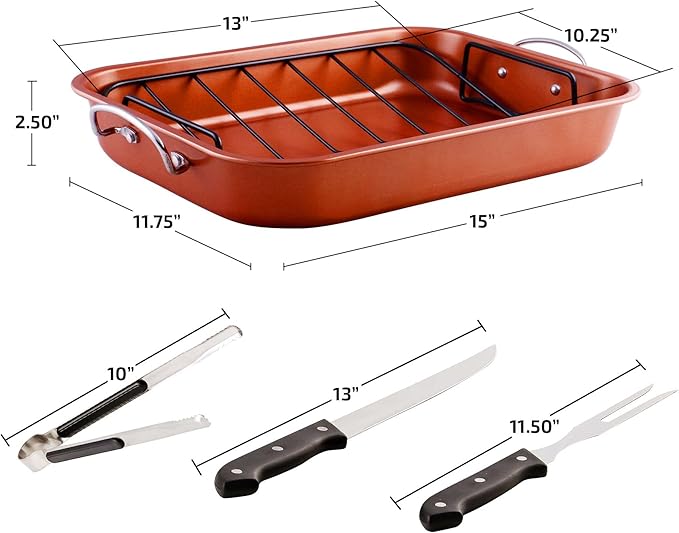 OVENTE Stainless Steel Roasting Pan with V-Shape Rack and Carving Set, 15x11.75 Inch Nonstick Roaster Tray, Oven & Dishwasher Safe Bakeware Dish for Turkey, Roasted Chicken or Beef, Copper CWR24619CO