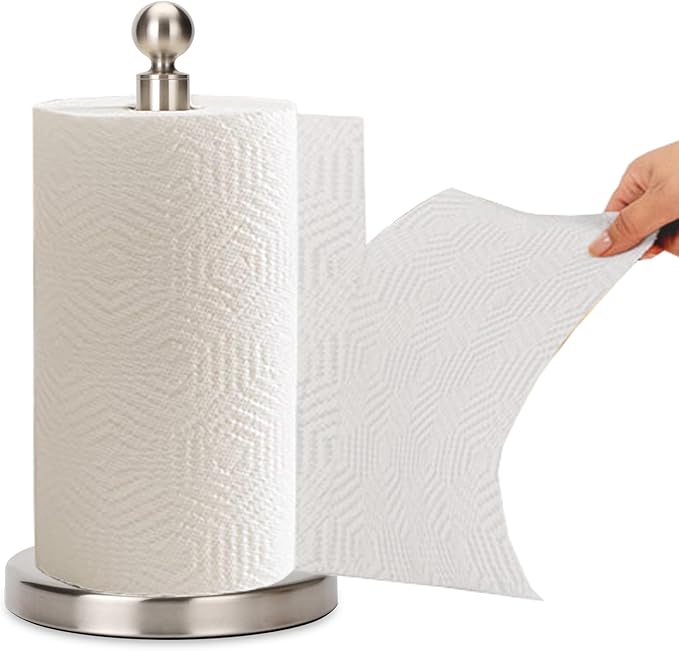 Kalitro Paper Towel Holder Countertop, Standing Paper Towel Roll Holder for Kitchen Bathroom, with Weighted Base for One-Handed Operation (Stainless Steel Base, Brushed Nickel)