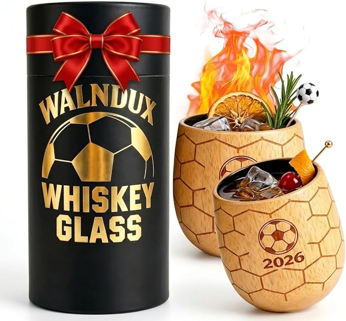 Soccer Wooden Whiskey Glass, Oak Wood Beer & Whiskey Tumbler, Old Fashioned Bourbon Drinking Cup, Unique Gift for Soccer Fans, Beer Lovers, Men, Dad, Husband, Birthday Gift