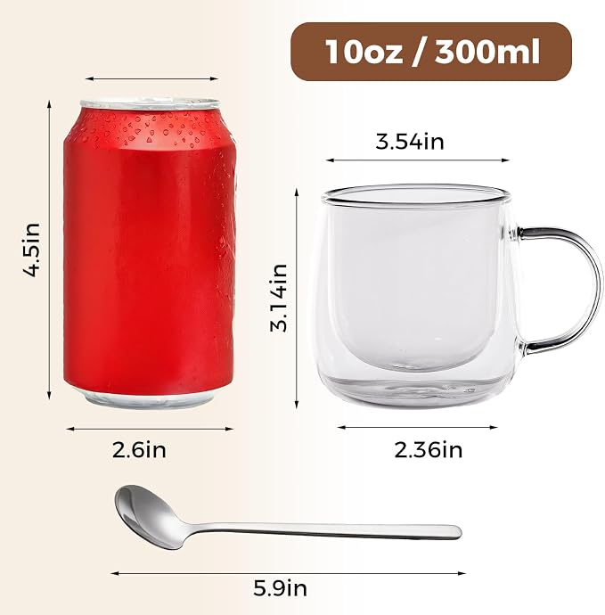 Double Wall Insulated Latte Glasses 10oz with Handle - Set of 4, Clear Glass Mugs for Cappuccino, Espresso, Tea & Hot Drinks