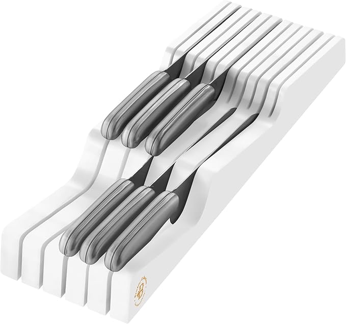 In-Drawer Knife Block - Bamboo Knife Drawer Organizer for Kitchen - Fits 5 Long + 6 Short Knives | Store Knives with Blades Pointing Down - Wooden Steak knife Holder without Knives (White)