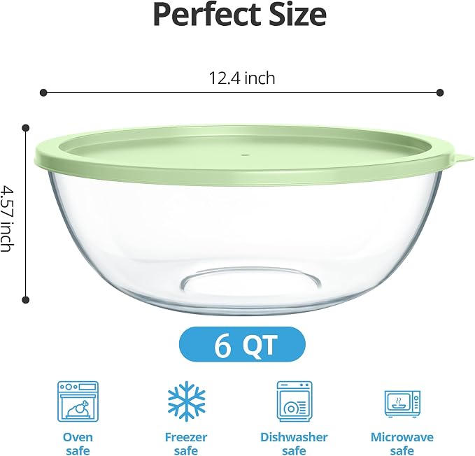 Extra Large Glass Mixing Bowls Clear Glass Salad Cooking Bowls for Kitchen Salad Bread Storage (6 Qt)